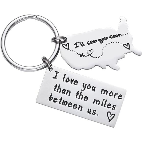 Long Distance Relationship Keychain I Love You More Than The Miles Between Us - Picture 1 of 7